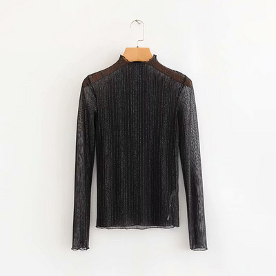 Modern női tüll blúz pólógallérral, fekete színben, fényes hatással