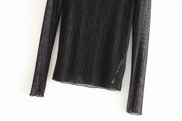 Modern női tüll blúz pólógallérral, fekete színben, fényes hatással