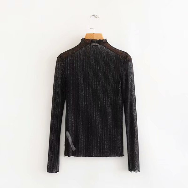 Modern női tüll blúz pólógallérral, fekete színben, fényes hatással