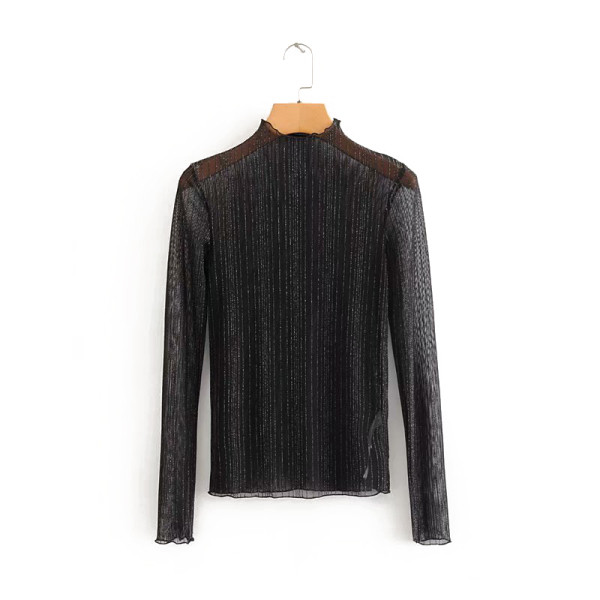 Modern női tüll blúz pólógallérral, fekete színben, fényes hatással
