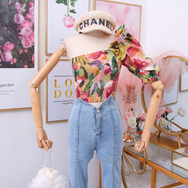 Új modell színes női blúz csupasz váll két színben