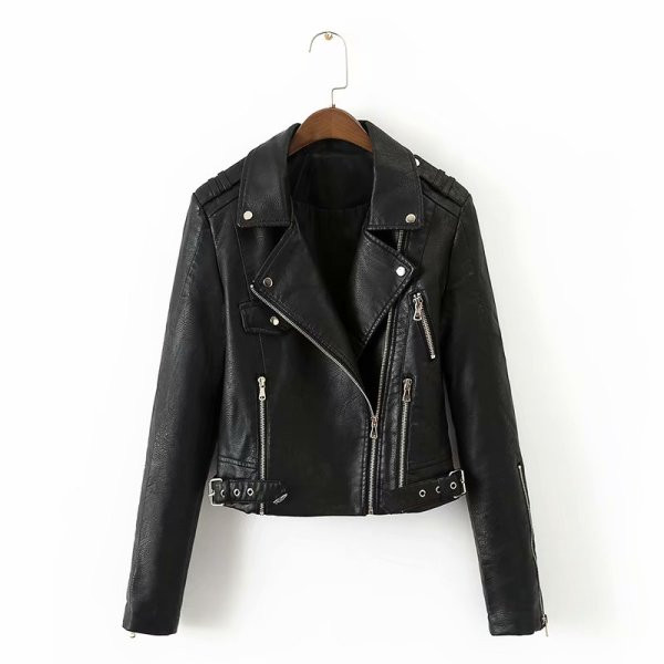 Modern testhezálló kabát cipzárral, fekete színben, öko bőrből