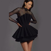 Νέο μοντέλο γυναικείο κοντό φόρεμα με μακριά μανίκια και ψηλό γιακά σε μαύρο χρώμα