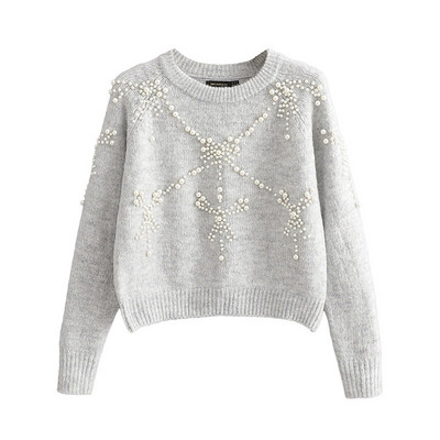 Rövid modern pulóver díszítéssel - szürke gyöngyökkel