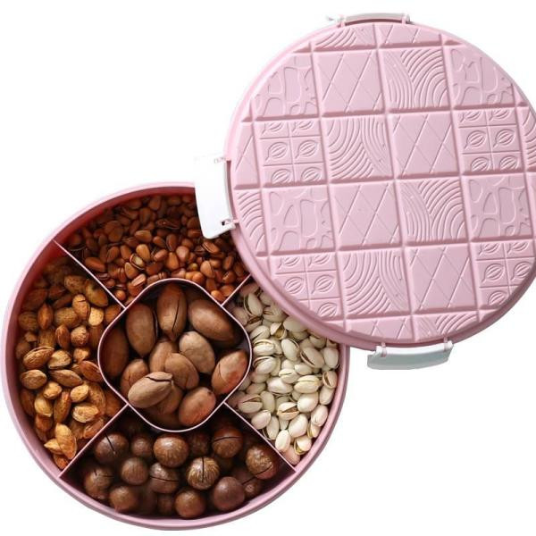 Műanyag doboz tetővel és öt rekesszel, cukorkák, diófélék és szárított gyümölcsök tárolására rózsaszín és kék színben