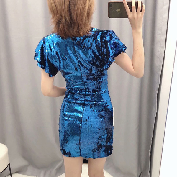 Elegáns női ruha mély V-nyakkal és lótusz ujjú kék színben flitterekkel