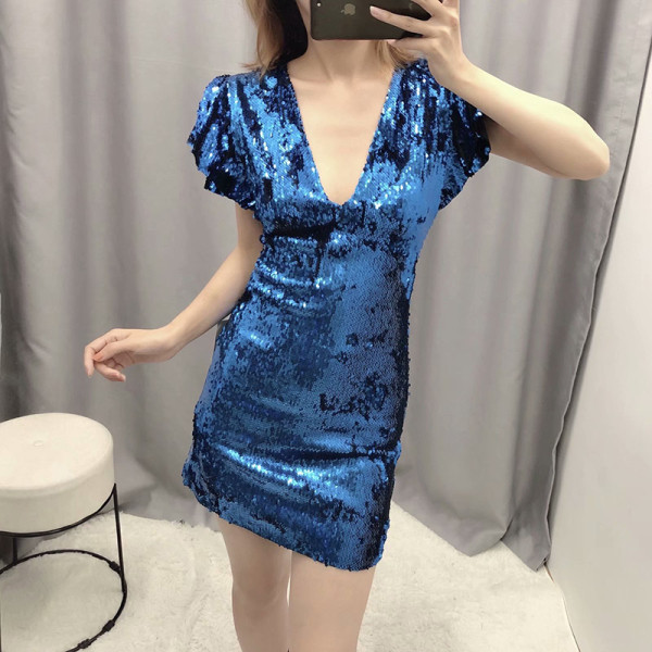 Elegáns női ruha mély V-nyakkal és lótusz ujjú kék színben flitterekkel