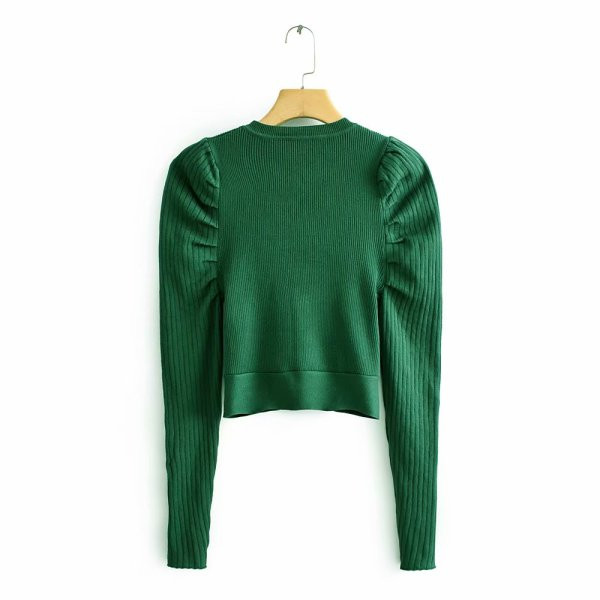 Pulover scurt de dama cu maneci bufante si parti decupate de culoare verde