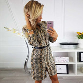 Modern női rövid ruha hosszú ujjú állatmintás barna színben
