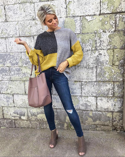 Modern női pulóver ovális nyakkivágással és hosszú ujjú szürke színben