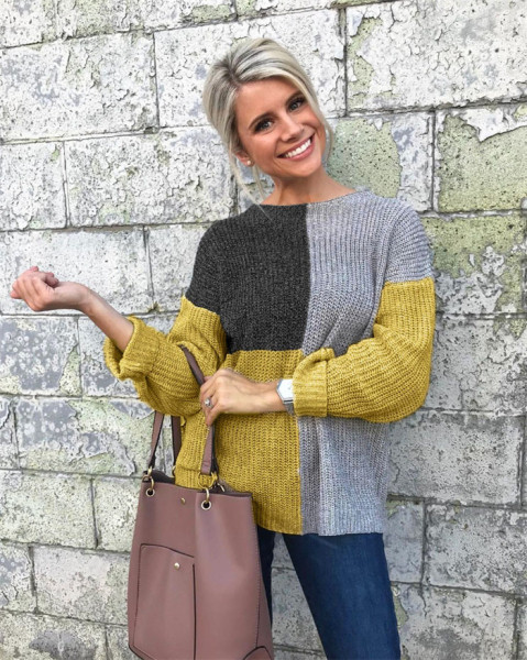 Modern női pulóver ovális nyakkivágással és hosszú ujjú szürke színben