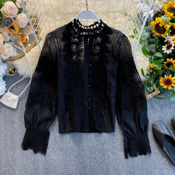 Női csipke ing félmagas gallérral, fehér és fekete színben