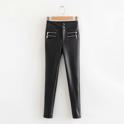 Γυναικεία έκο δερμάτινα παντελόνια με φερμουάρ σε μαύρο χρώμα