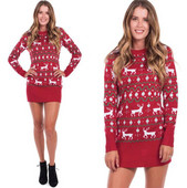Karácsonyi rövid női ruha, hosszú ujjal és ovális nyakkivágással, piros színben