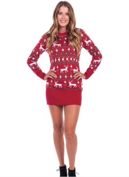 Karácsonyi rövid női ruha, hosszú ujjal és ovális nyakkivágással, piros színben