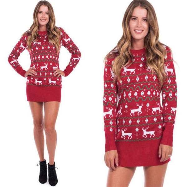 Karácsonyi rövid női ruha, hosszú ujjal és ovális nyakkivágással, piros színben