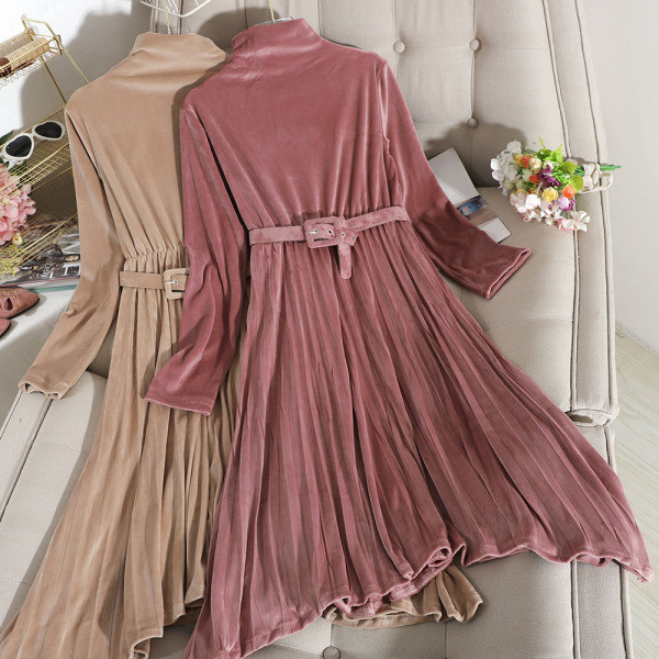 Női bársonyruha pólógallérral és övvel, rózsaszín, zöld, fekete és bézs színben