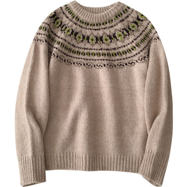 Pulover de dama in bej si alb cu maneci lungi si decolteu rotund