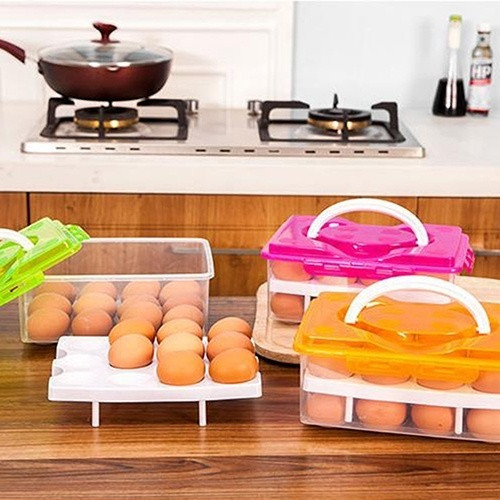 Kétrétegű műanyag doboz fogantyúval 24 tojás tárolására narancssárga, zöld és rózsaszín színben