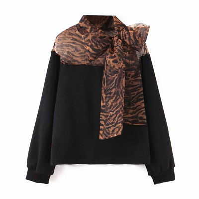 Modern lezser blúz fekete színben, gallérral tüll szalaggal és állatmintás - három modell