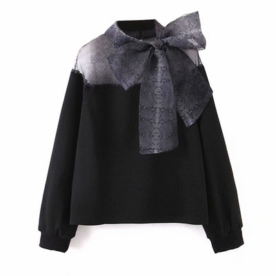 Modern lezser blúz fekete színben, gallérral tüll szalaggal és állatmintás - három modell