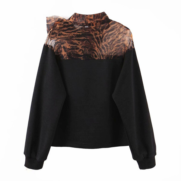 Modern lezser blúz fekete színben, gallérral tüll szalaggal és állatmintás - három modell