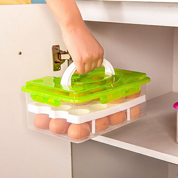 Cutie de plastic dublu sigilată cu mâner pentru depozitarea a 24 de ouă în verde și portocaliu
