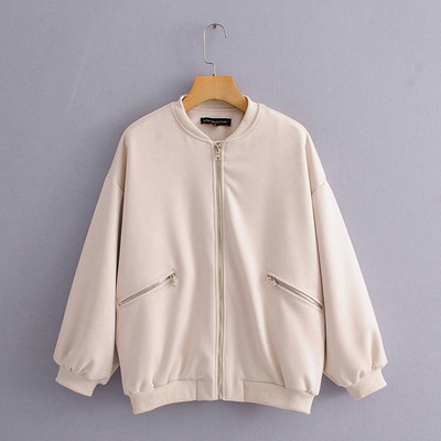 Könnyű tavaszi-őszi kabát eco velúrból, bézs, fehér és szürke cipzárral