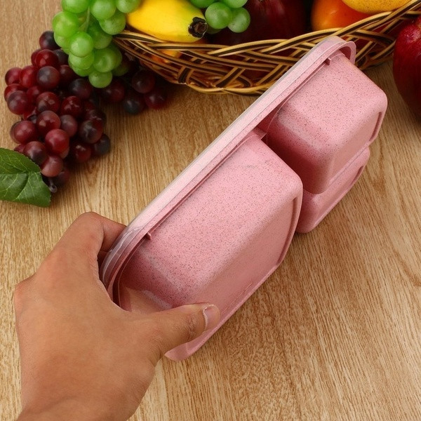 Búzaszalma ételtároló doboz három rekesszel és tetővel rózsaszín, kék és bézs színben