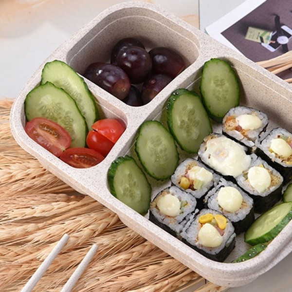 Búzaszalma ételtároló doboz három rekesszel és tetővel rózsaszín, kék és bézs színben