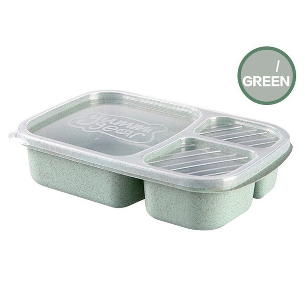 Кутия за храна с три разделения и прозрачен капак в зелен, розов, бежов и син цвят