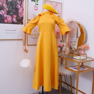 Rochie de dama model nou cu maneci 3/4 si umerii goi in negru, verde, galben si visiniu