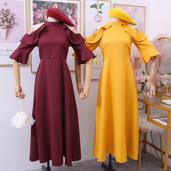 Rochie de dama model nou cu maneci 3/4 si umerii goi in negru, verde, galben si visiniu