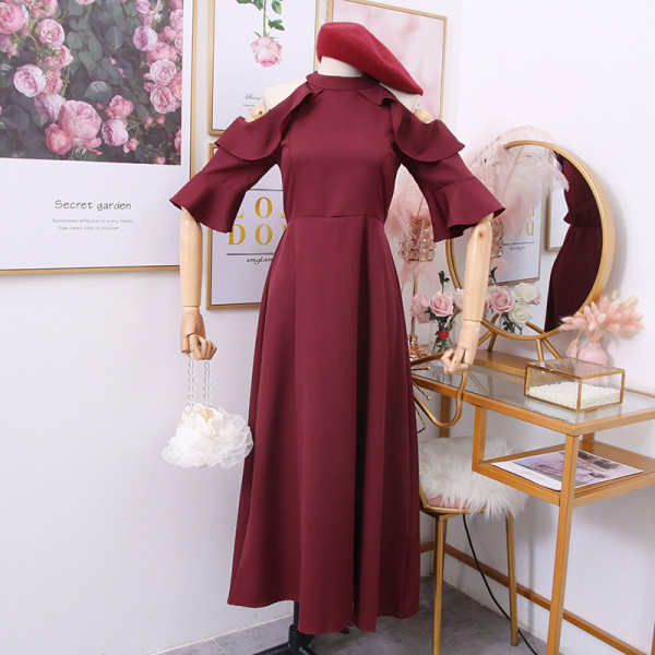 Rochie de dama model nou cu maneci 3/4 si umerii goi in negru, verde, galben si visiniu