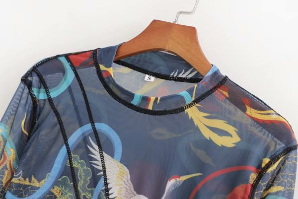 Női átlátszó blúz kék színben, mintás mintával