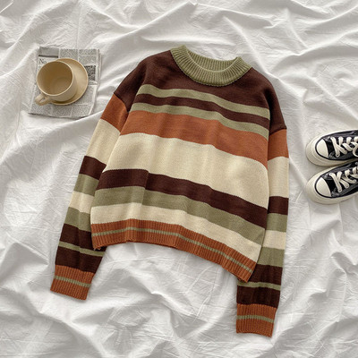 Pulover casual de dama cu dungi in doua culori cu decolteu rotund