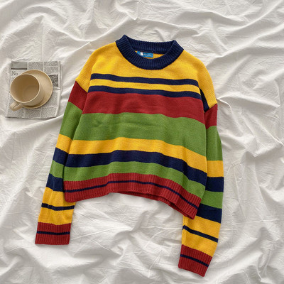 Pulover casual de dama cu dungi in doua culori cu decolteu rotund