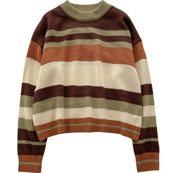 Pulover casual de dama cu dungi in doua culori cu decolteu rotund