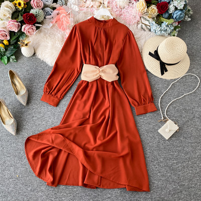 Női hosszú ruha alacsony gallérral, kék, fekete, sárga, zöld, rózsaszín és piros színekben