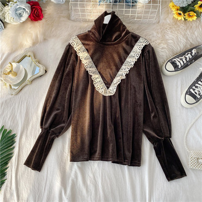 Дамска блуза от кадифе с висока яка и дантела в черен и кафяв цвят