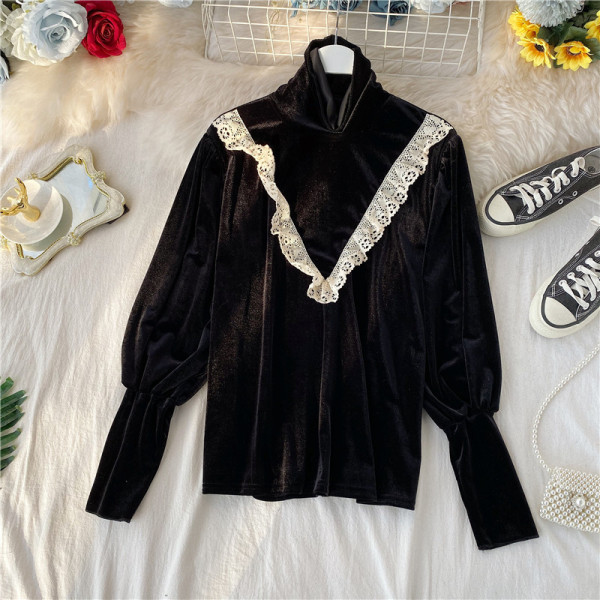 Női bársony blúz magas gallérral és csipkével fekete és barna színben