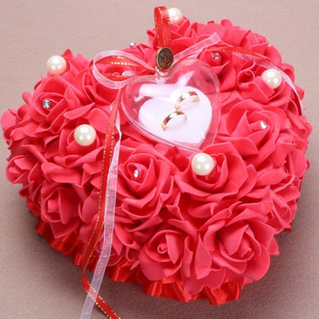 Сватбена възглавница за пръстени във формата на сърце с 3D цветя и перли в различни цветове