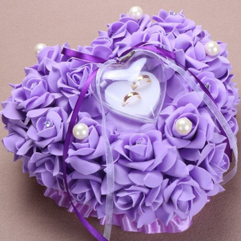 Μαξιλάρι για  δαχτυλίδια γάμου σε σχήμα καρδιάς με 3D λουλούδια και πέρλες σε διάφορα χρώματα