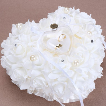 Μαξιλάρι για  δαχτυλίδια γάμου σε σχήμα καρδιάς με 3D λουλούδια και πέρλες σε διάφορα χρώματα