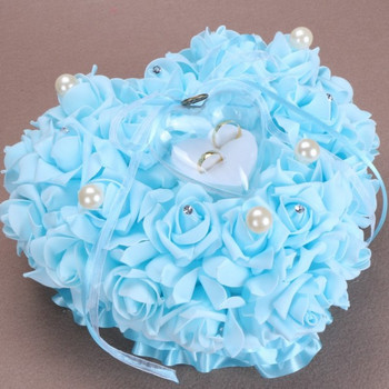 Сватбена възглавница за пръстени във формата на сърце с 3D цветя и перли в различни цветове