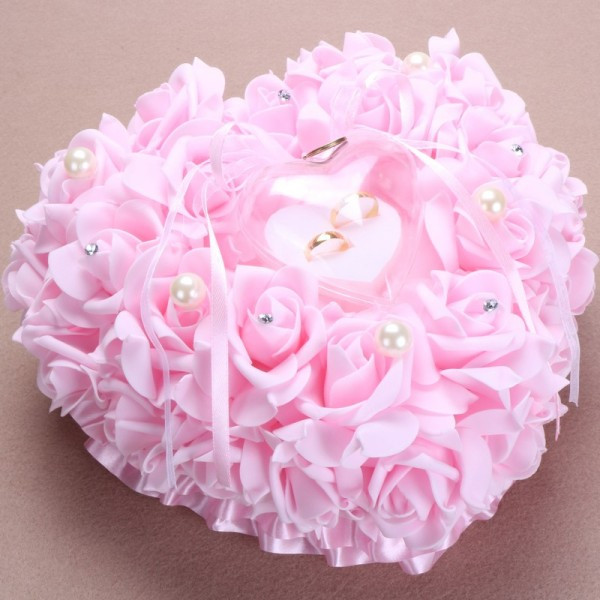 Μαξιλάρι για  δαχτυλίδια γάμου σε σχήμα καρδιάς με 3D λουλούδια και πέρλες σε διάφορα χρώματα