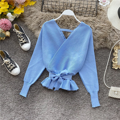 Γυναικείο πλεκτό πουλόβερ με V-neck σε μπλε, κίτρινο, ροζ, μαύρο και πράσινο χρώμα