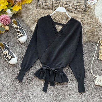 Γυναικείο πλεκτό πουλόβερ με V-neck σε μπλε, κίτρινο, ροζ, μαύρο και πράσινο χρώμα