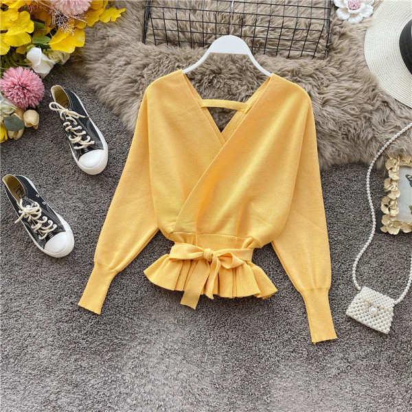 Γυναικείο πλεκτό πουλόβερ με V-neck σε μπλε, κίτρινο, ροζ, μαύρο και πράσινο χρώμα