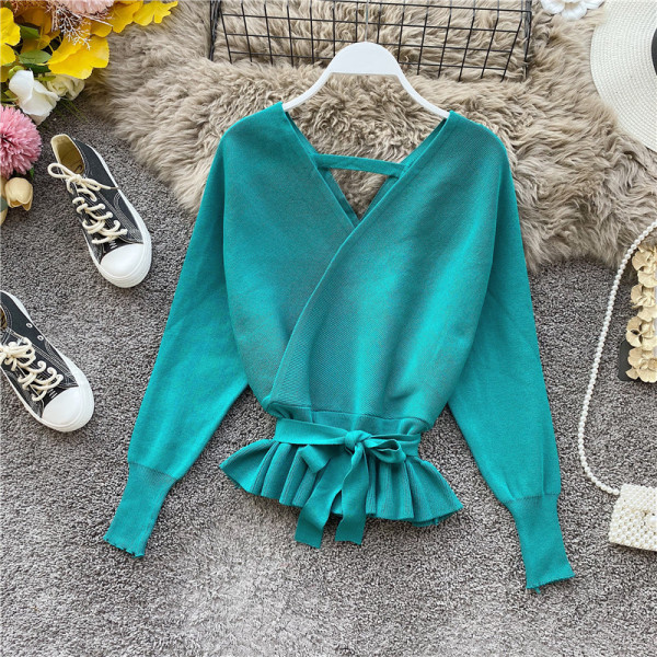 Γυναικείο πλεκτό πουλόβερ με V-neck σε μπλε, κίτρινο, ροζ, μαύρο και πράσινο χρώμα